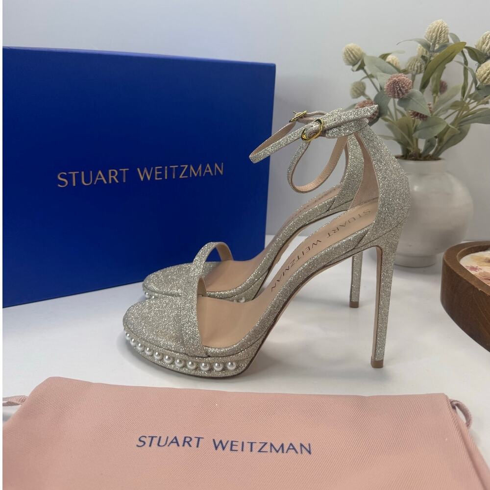 Stuart Weitzman Nudistdisco Pearl Sandal Glitter Platino Women 8.5B Tried On